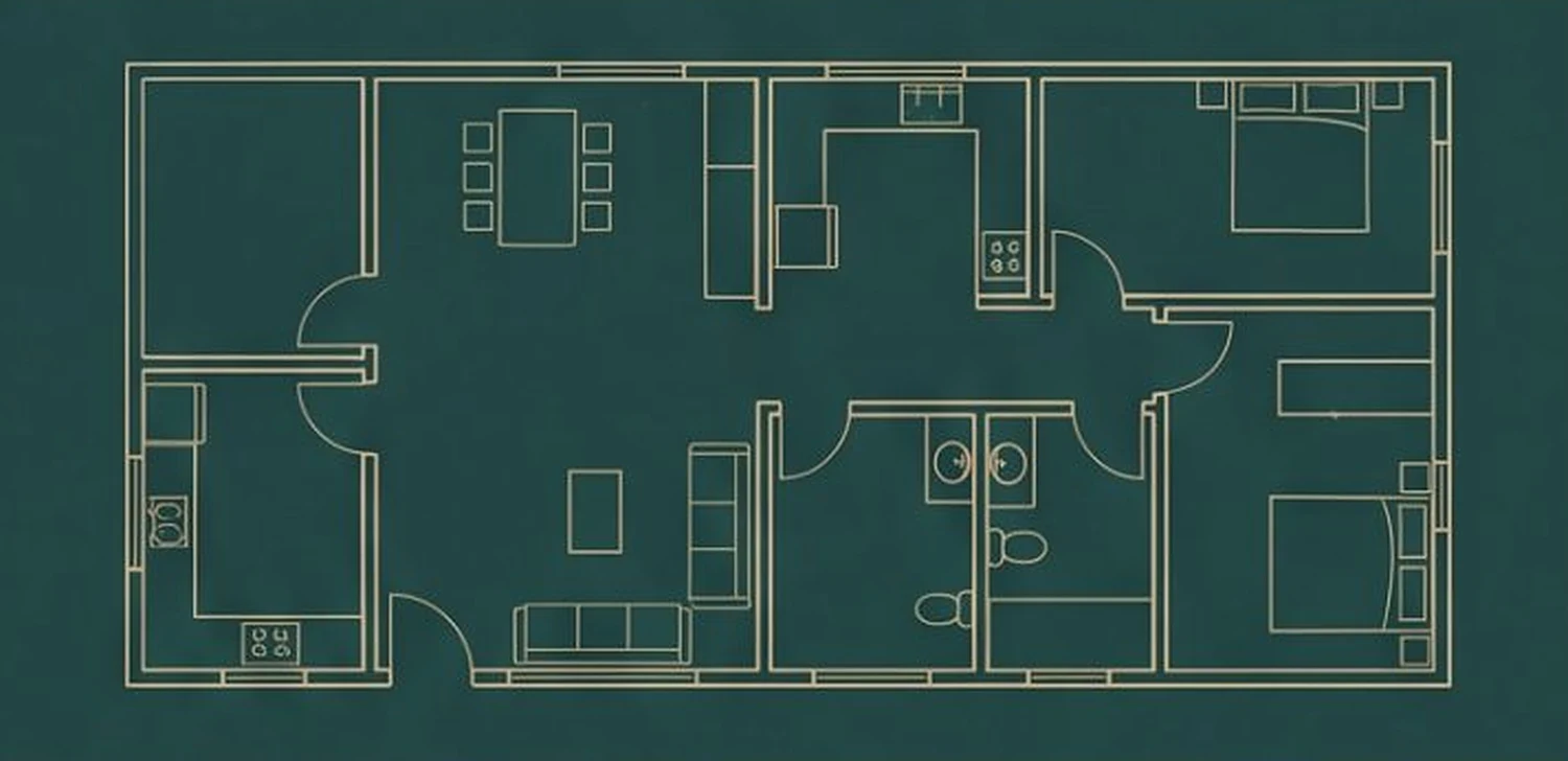Line drawing of a two-bedroom apartment floor plan seen from above