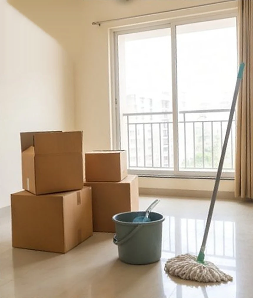 A bright empty apartment with packed cardboard boxes, a bucket and a mop by the balcony window